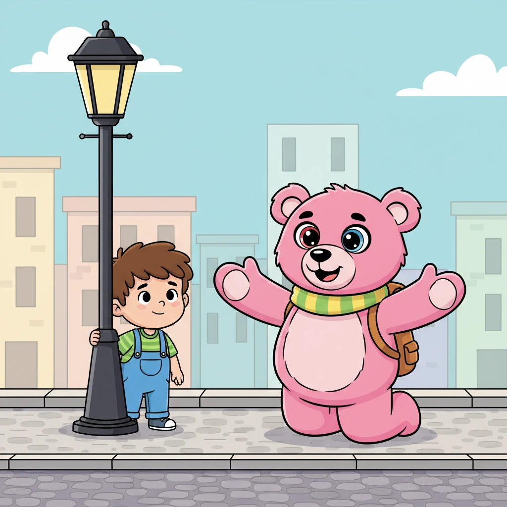 A shy young boy, initially hiding behind a lamppost, hesitantly peeked out. Rosie noticed him and knelt down, offering a silent, open-armed invitation. With a small smile, he bravely stepped forward and was met with the softest, most reassuring hug, melting his shyness away.