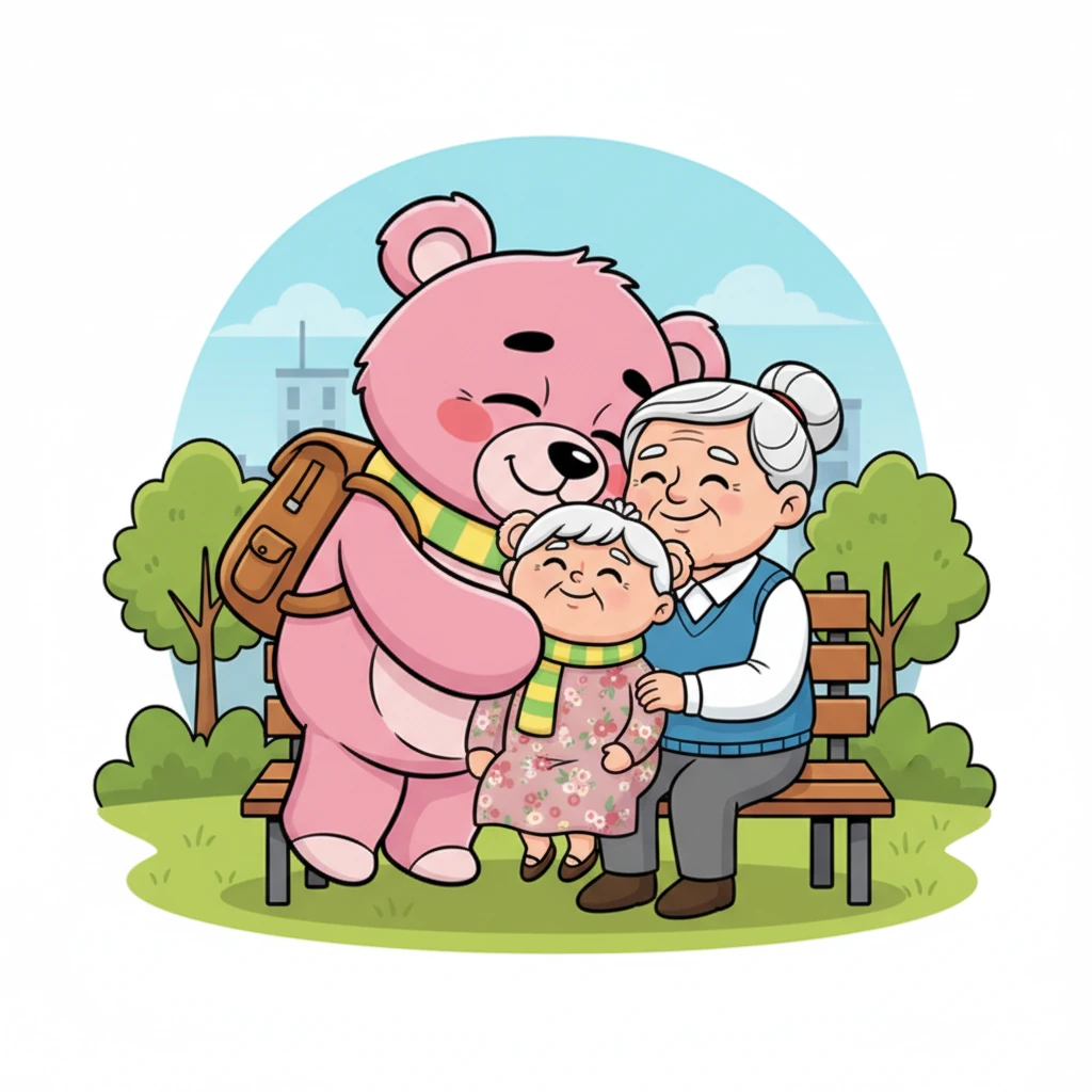 An elderly couple, sitting on a bench, watched Rosie with warm smiles. Rosie carefully leaned down, her large head resting near them, and offered a tender, group hug that encompassed them both. They patted her soft fur, touched by her genuine warmth and affection.