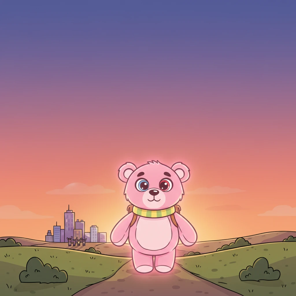 With a final, gentle stride, Rosie walked towards the horizon, her pink silhouette glowing against the twilight sky. The town watched until she was just a distant, rosy dot, knowing that the memory of her giant, loving hugs would forever brighten their days. They hoped she would return soon.