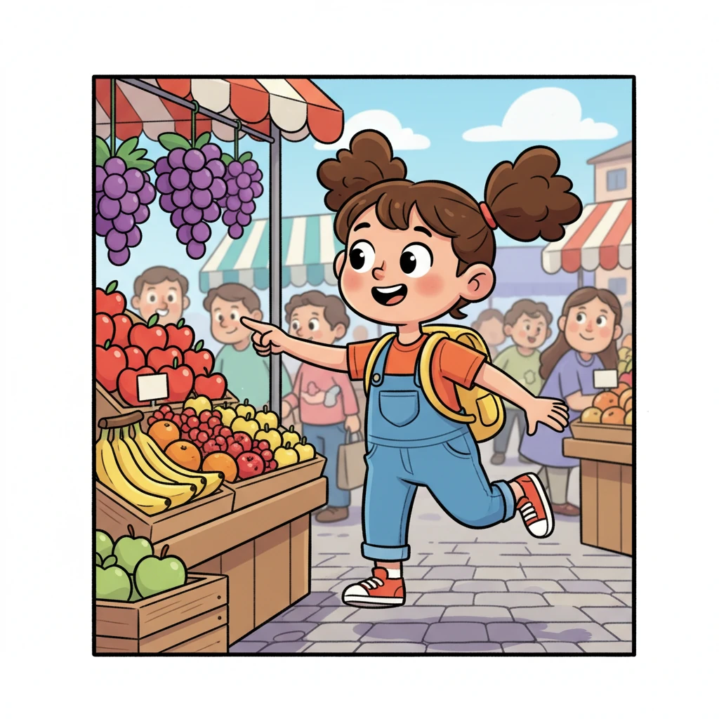 Kiko, a super-curious child with bouncy pigtails and a bright yellow backpack, skips through a bustling market. Her eyes are wide with wonder, noticing every colorful fruit stand and busy shopper. She loves to ask "Why?" about everything she sees.