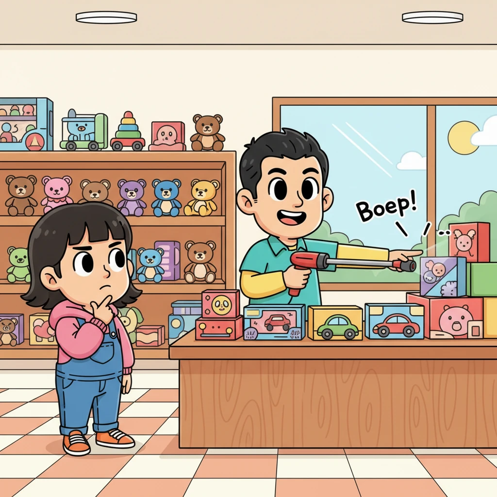 At a toy store, Kiko watches a shopkeeper slowly scan toy after toy with a long barcode reader. Beep... boop... it takes a while! Kiko taps her chin, a tiny frown on her expressive face. "There must be a quicker way," she thinks.