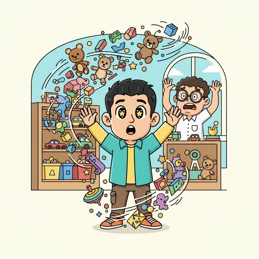 Kiko imagines a whirlwind of toys, all waiting to be counted. The shopkeeper looks overwhelmed. Kiko holds up her hands as if to stop the chaos, her imagination running wild with the thought of faster counting. Her eyes sparkle with a new idea.