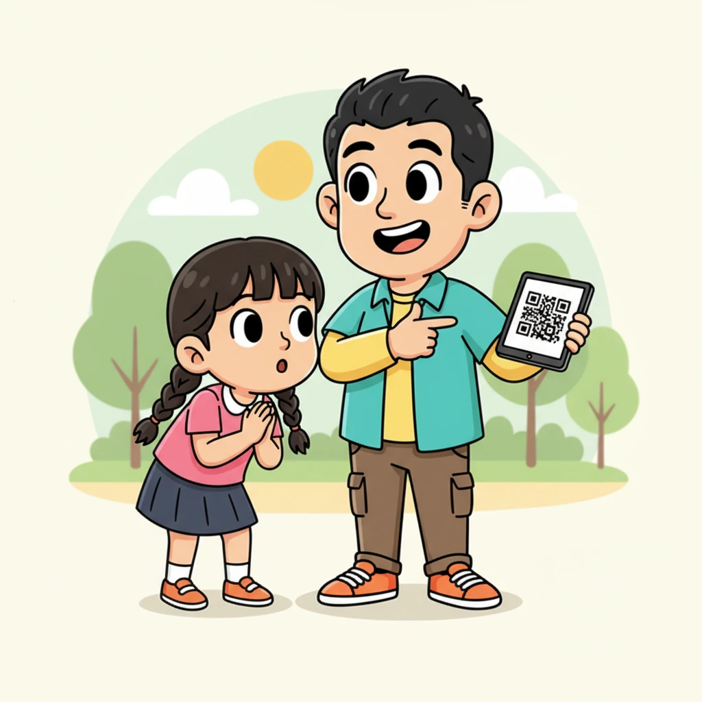 Professor Hiroki shows Kiko how the special square, called a QR code, can hold lots of secret information. He points to the little black and white blocks, explaining they're like tiny puzzle pieces that hide messages. Kiko leans in, utterly fascinated.