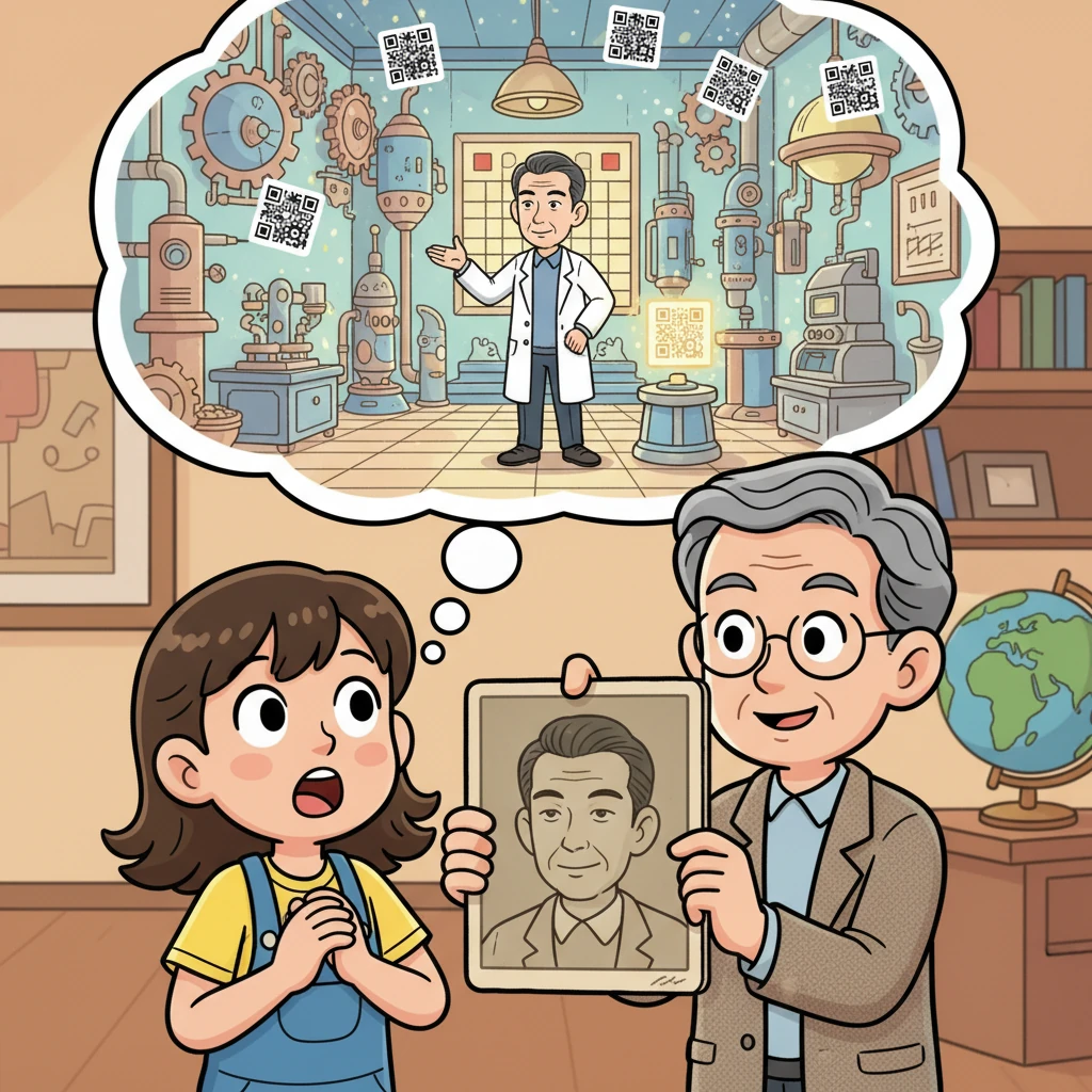 Professor Hiroki pulls out an old photo of a kind-looking gentleman. "Many years ago, in Japan, a brilliant scientist named Masahiro Hara invented this magic square in 1994!" Kiko gasps, imagining a faraway lab filled with amazing inventions.