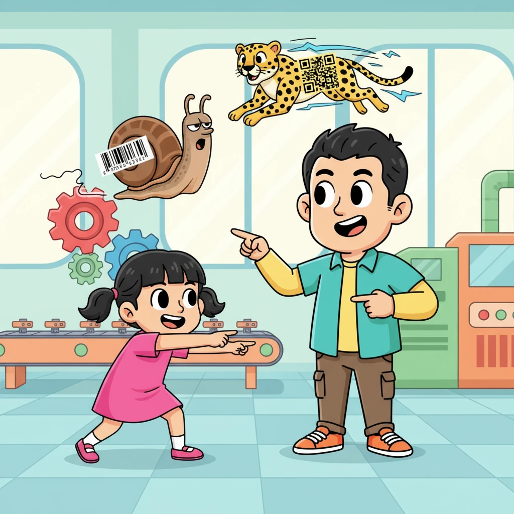 He explains that Masahiro Hara invented it for factories, where machines needed to count thousands of parts super fast. Traditional barcodes were too slow, like a sleepy snail. The QR code was like a speedy cheetah! Kiko makes a "zoom" gesture with her hands.