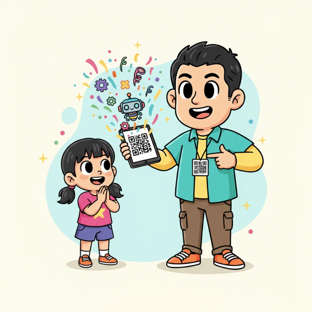 Kiko pretends her finger is a super-scanner. She "scans" the QR code Professor Hiroki holds. Instantly, a playful burst of information, like colorful confetti, pops out of the square, showing details about a toy robot. Kiko claps her hands with delight.