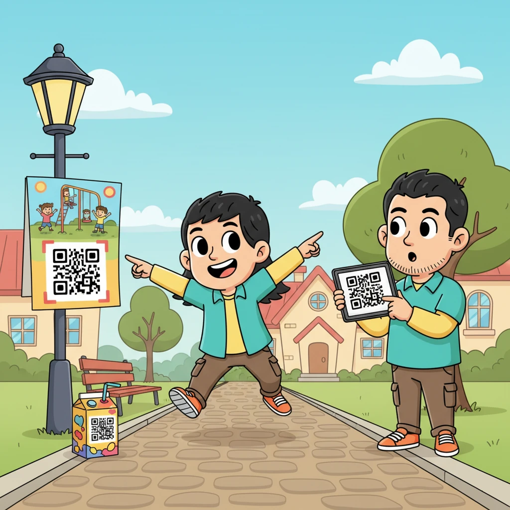 Kiko skips home, seeing QR codes everywhere – on a juice box, a poster for a new park, and even on her dad's new gadget! She points them out, excitedly telling everyone, "It's a magic square that helps us learn fast!" The world feels full of wonderful, scannable secrets.