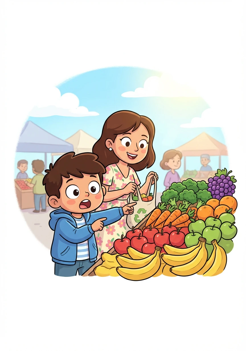 أخذت الأم سليم إلى السوق المليء بالخضروات والفواكه الملونة. كان سليم متفاجئًا من تنوع الأطعمة الصحية.