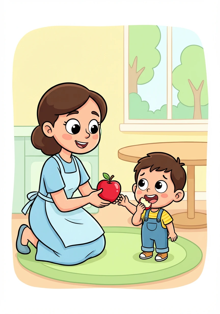 عرضت الأم على سليم تفاحة حمراء لامعة. تردد سليم في البداية، لكنه قرر تجربتها. كانت التفاحة لذيذة ومنعشة!