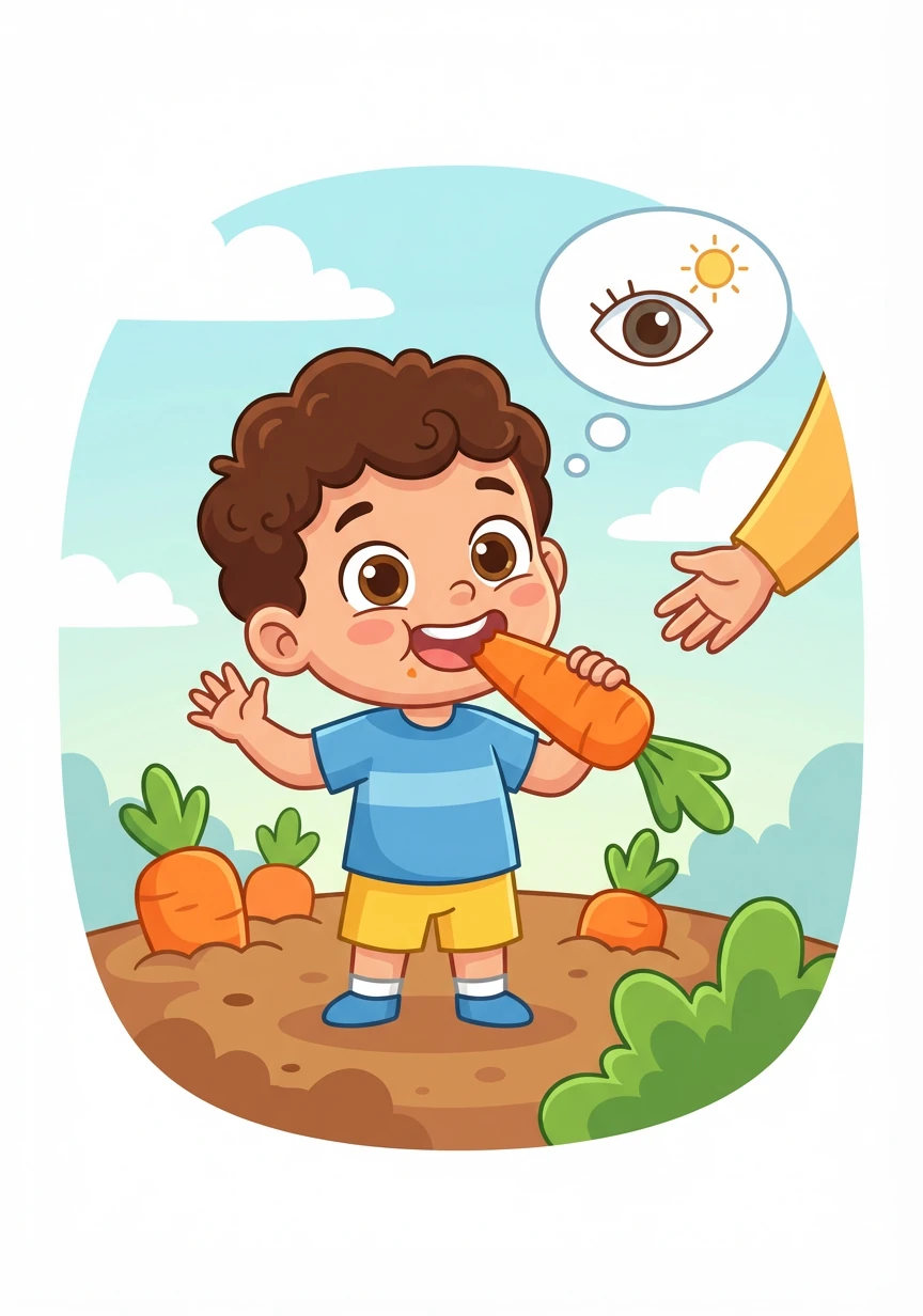 بعد ذلك، رأى سليم جزرة برتقالية. أخبرته أمه أن الجزر يقوي النظر. جرب سليم الجزر وأعجبه طعمه المقرمش.