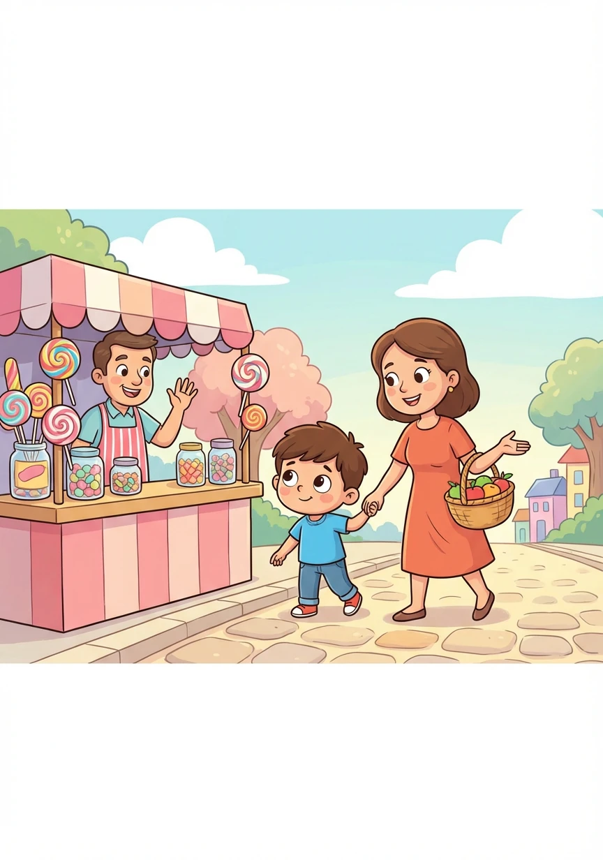 في طريق العودة إلى المنزل، مروا ببائع الحلوى. تمنى سليم شراء قطعة حلوى كبيرة، لكن أمه ذكرته بأهمية الطعام الصحي.