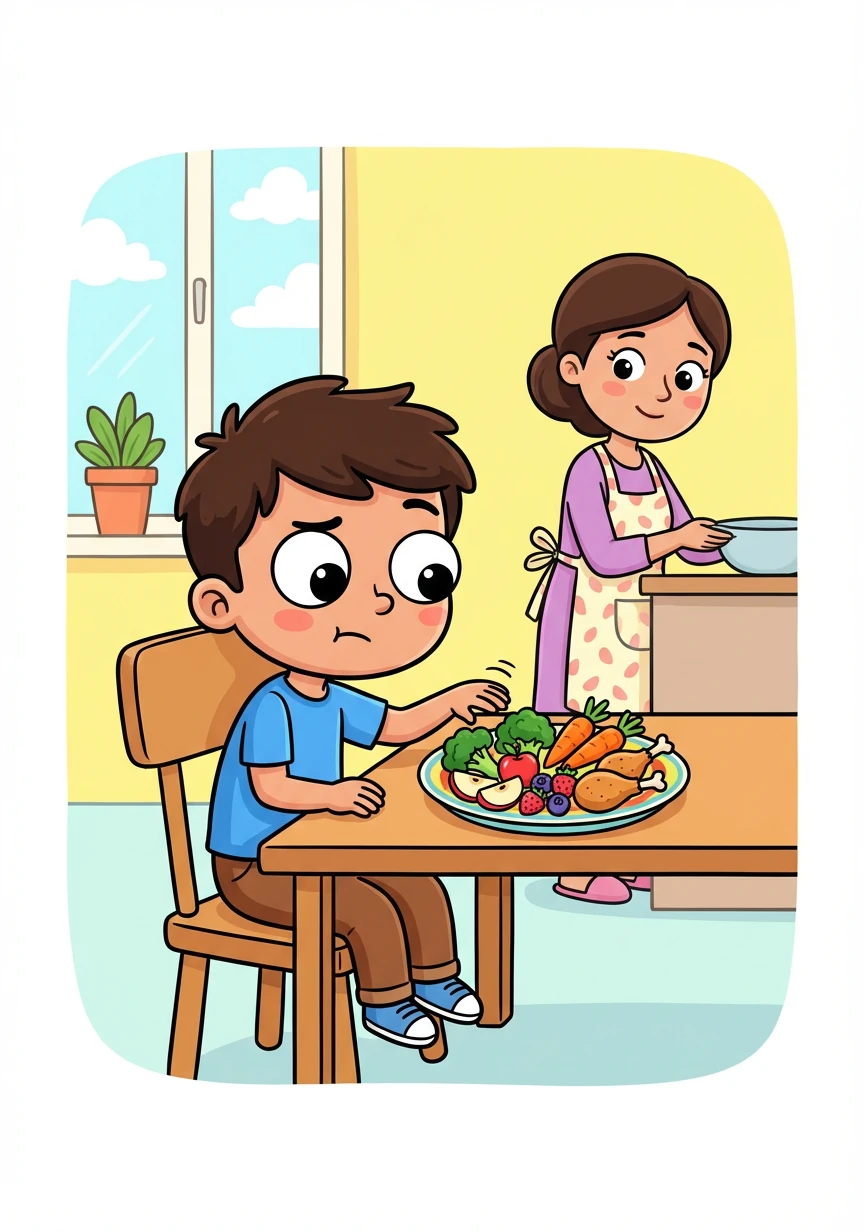 عند الغداء، أعدت الأم طبقًا مليئًا بالخضروات والفواكه والبروتين. كان سليم متشككًا في البداية، لكنه قرر أن يجرب كل شيء.