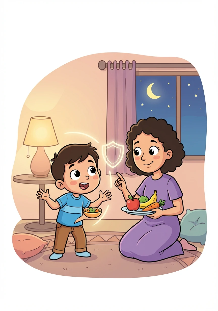 في المساء، سأل سليم أمه: "لماذا الطعام الصحي مهم جدًا؟". أجابت الأم: "الطعام الصحي يمنحك الطاقة ويحميك من الأمراض!"