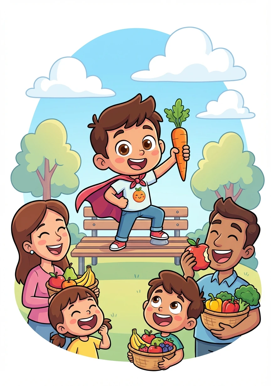 منذ ذلك اليوم، أصبح سليم بطل الأكل الصحي. شارك معرفته مع أصدقائه وعائلته، وشجعهم على تناول الطعام الصحي ليكونوا أقوياء وسعداء.