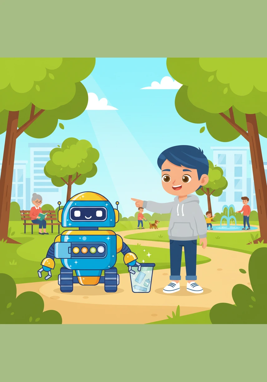 Pip is a bright, colorful robot who loves spending his mornings in the sun-drenched city park. His metallic body sparkles in the light as he rolls along the paved paths, greeting everyone with a friendly beep.