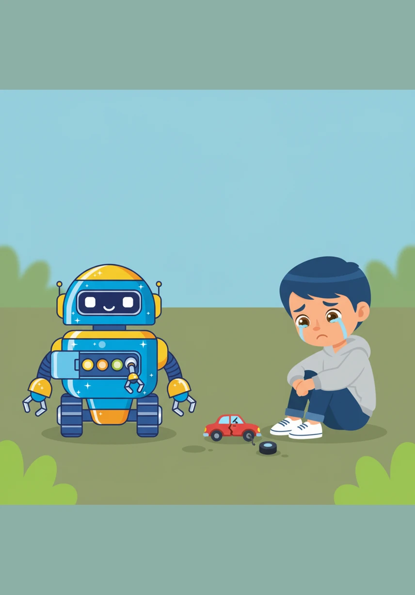 Near a patch of bright green grass, Pip notices a young boy looking very sad. On the ground lies a small red toy car with a broken axle and a missing wheel.