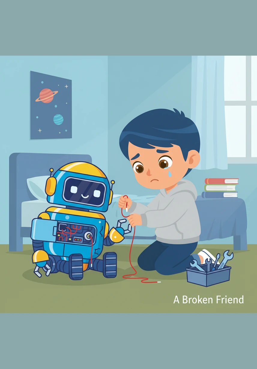 Pip rolls over to the boy and tilts his head curiously, his digital eyes blinking with concern. He gently scans the toy car with a soft blue light to see exactly what is wrong.