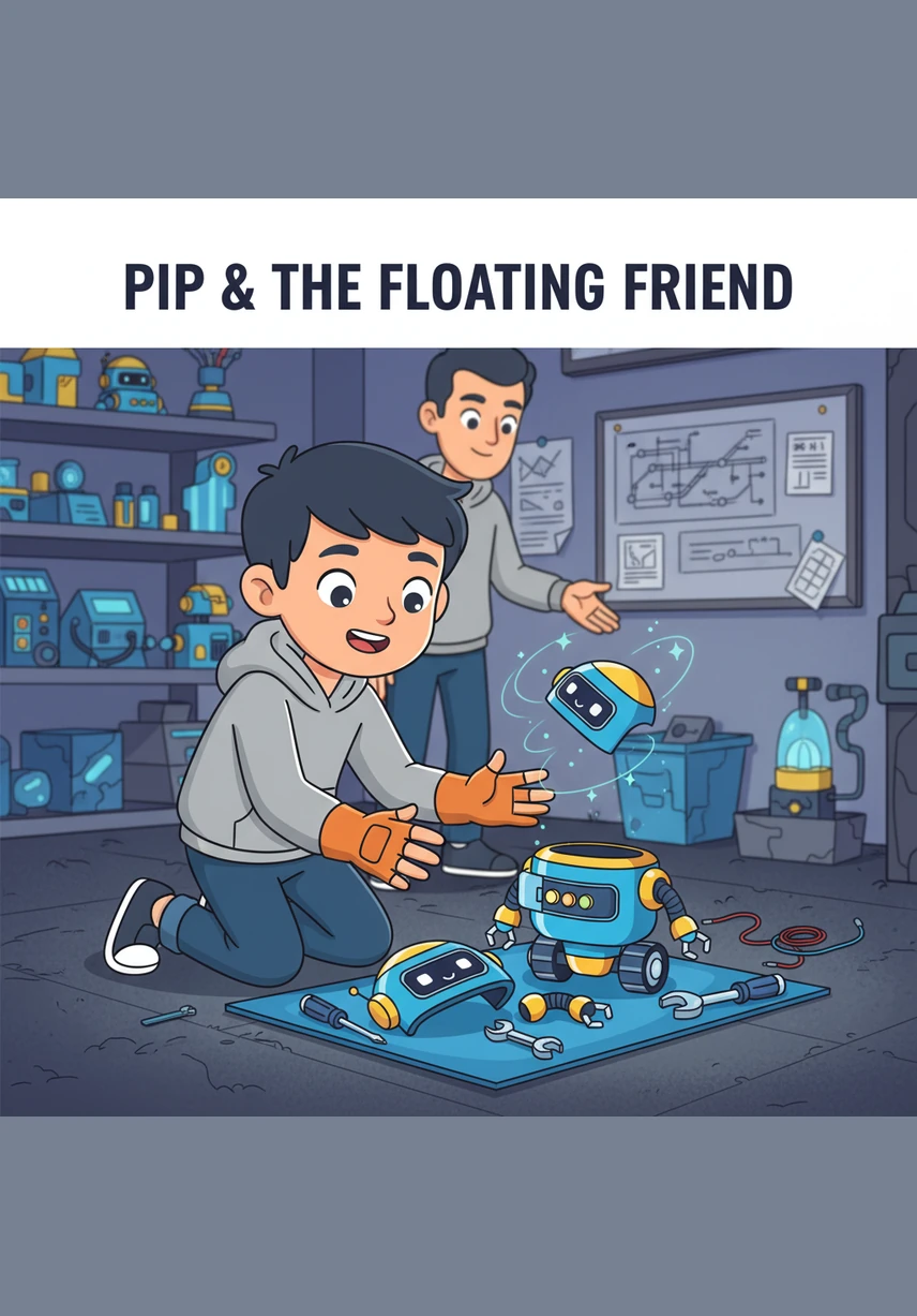 With a cheerful chime, a small hatch on Pip’s chest slides open to reveal a hidden toolkit. Inside, there are dozens of tiny, glowing parts and tools perfect for any repair.