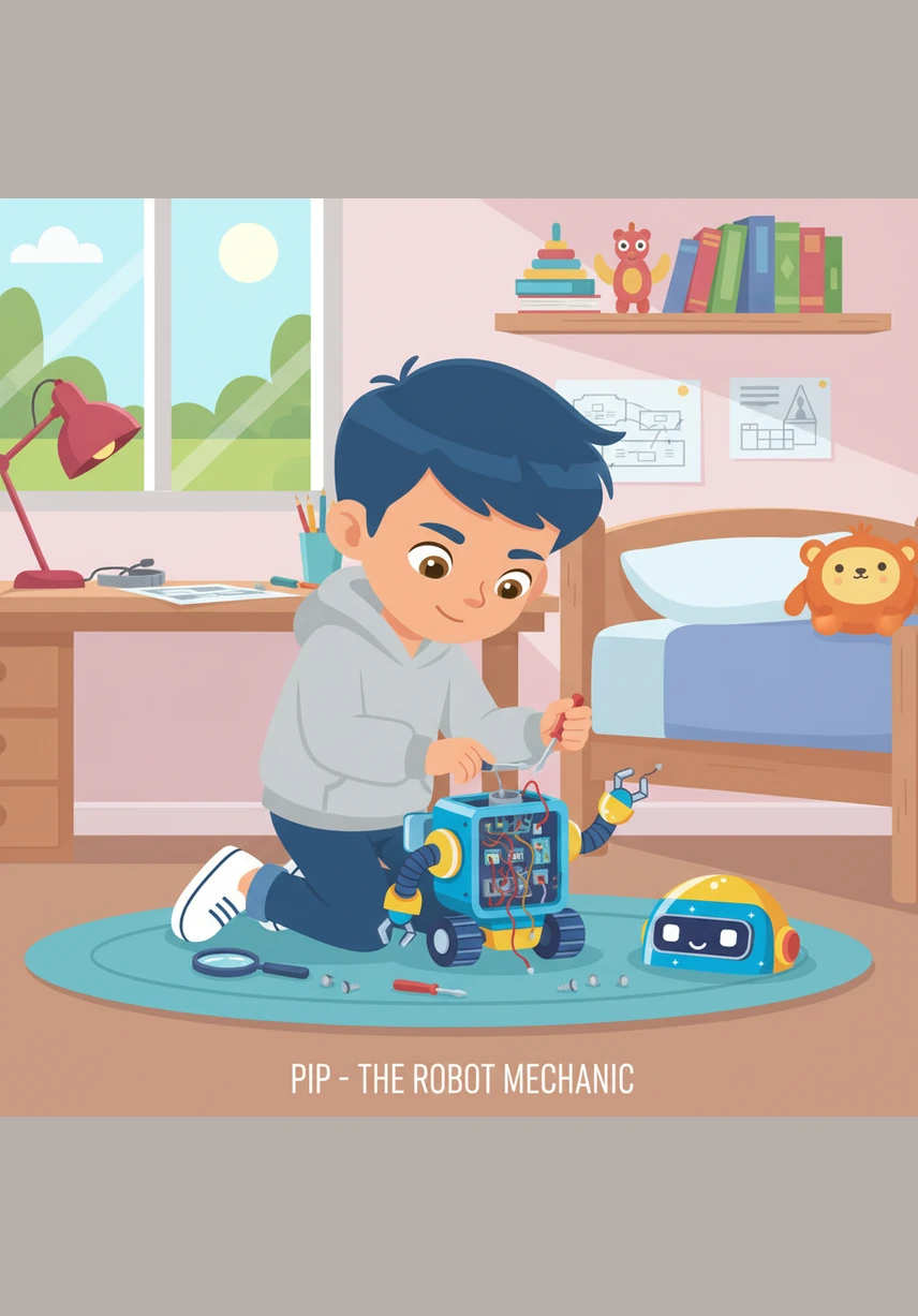 Pip carefully selects a brand-new silver wheel that matches the toy car perfectly. He extends a small, precise robotic arm to snap the wheel into place with a satisfying click.