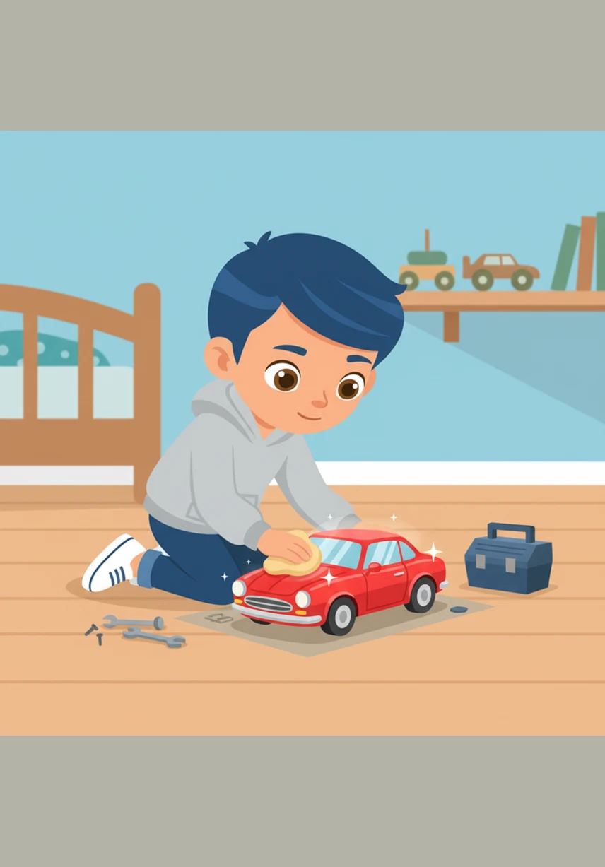 To make the repair extra special, Pip uses a tiny soft cloth to polish the red paint of the car. The toy now looks even better than it did when it was brand new.