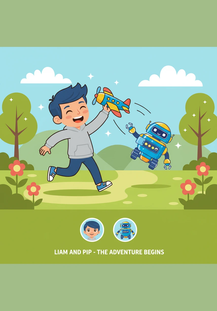 The boy smiles widely and pushes the car, watching it zoom across the grass faster than ever before. Pip follows along, his internal gears whirring with happiness as they play together.