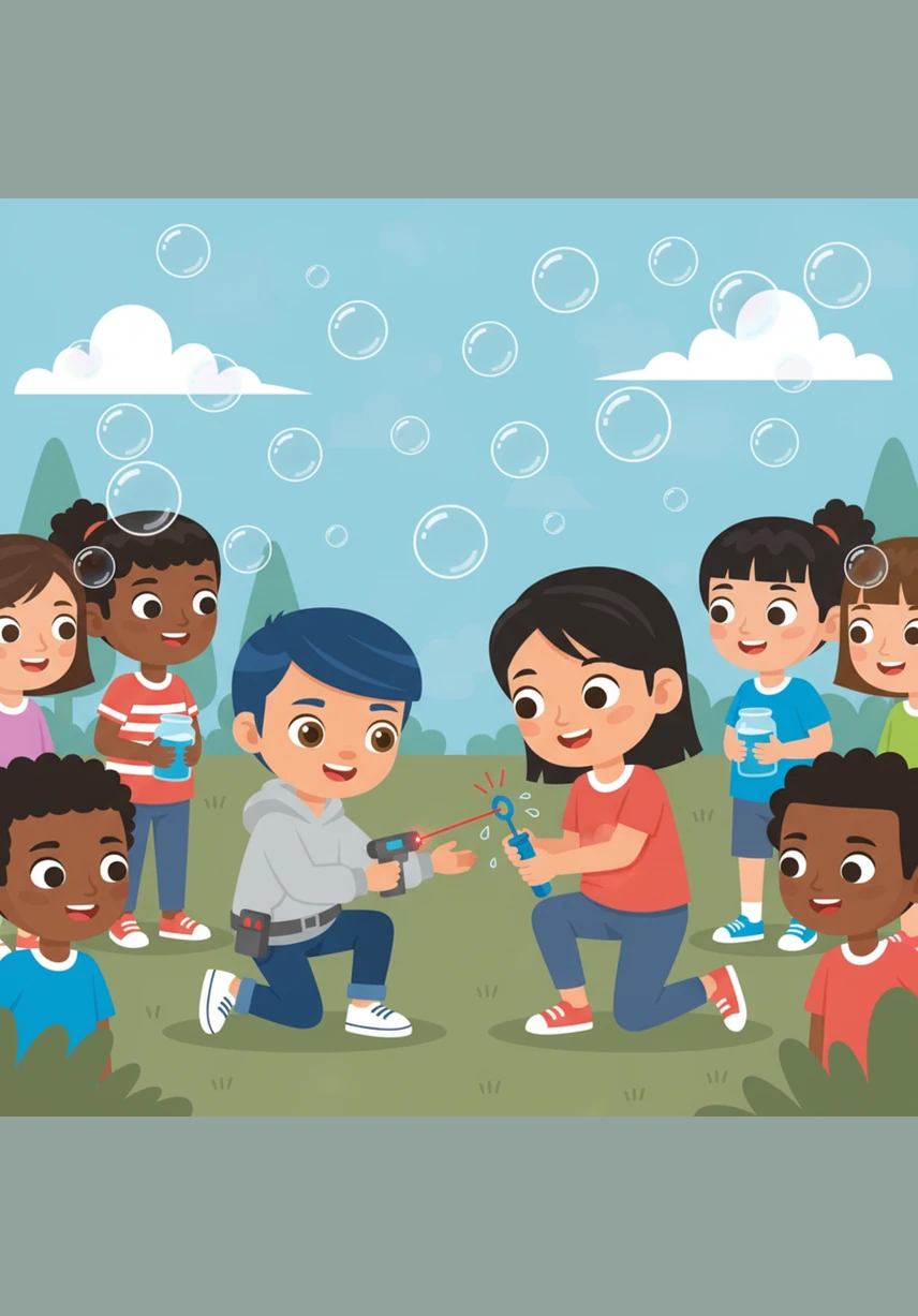 Soon, other children see Pip’s kindness and bring him a leaky bubble wand to fix. Pip uses a small laser to seal the crack, and soon the air is filled with shimmering, floating bubbles.