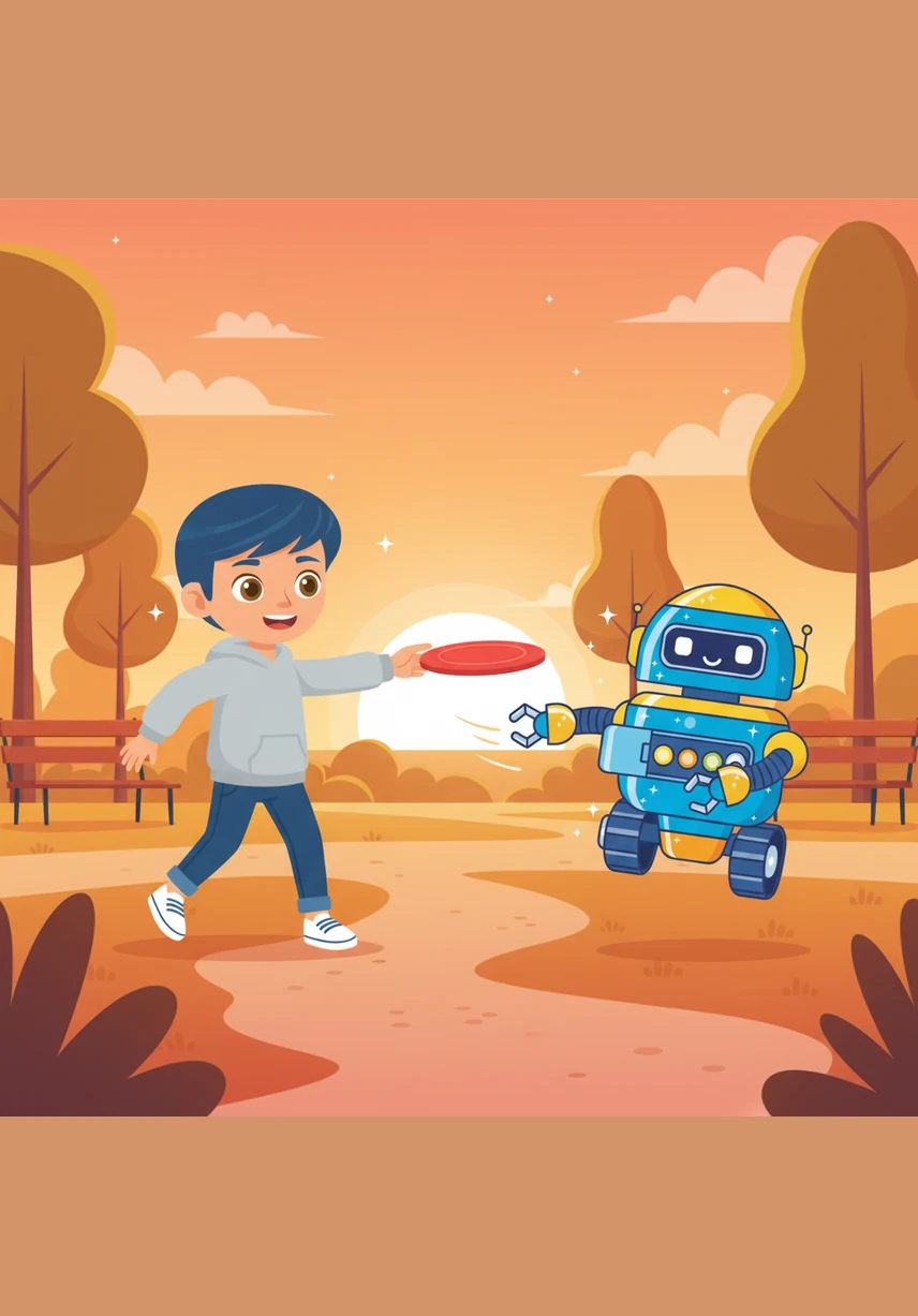 As the sun begins to set, the sky turns a beautiful shade of orange and pink behind the trees. Pip looks around the park and sees many happy faces, all thanks to a little bit of help.