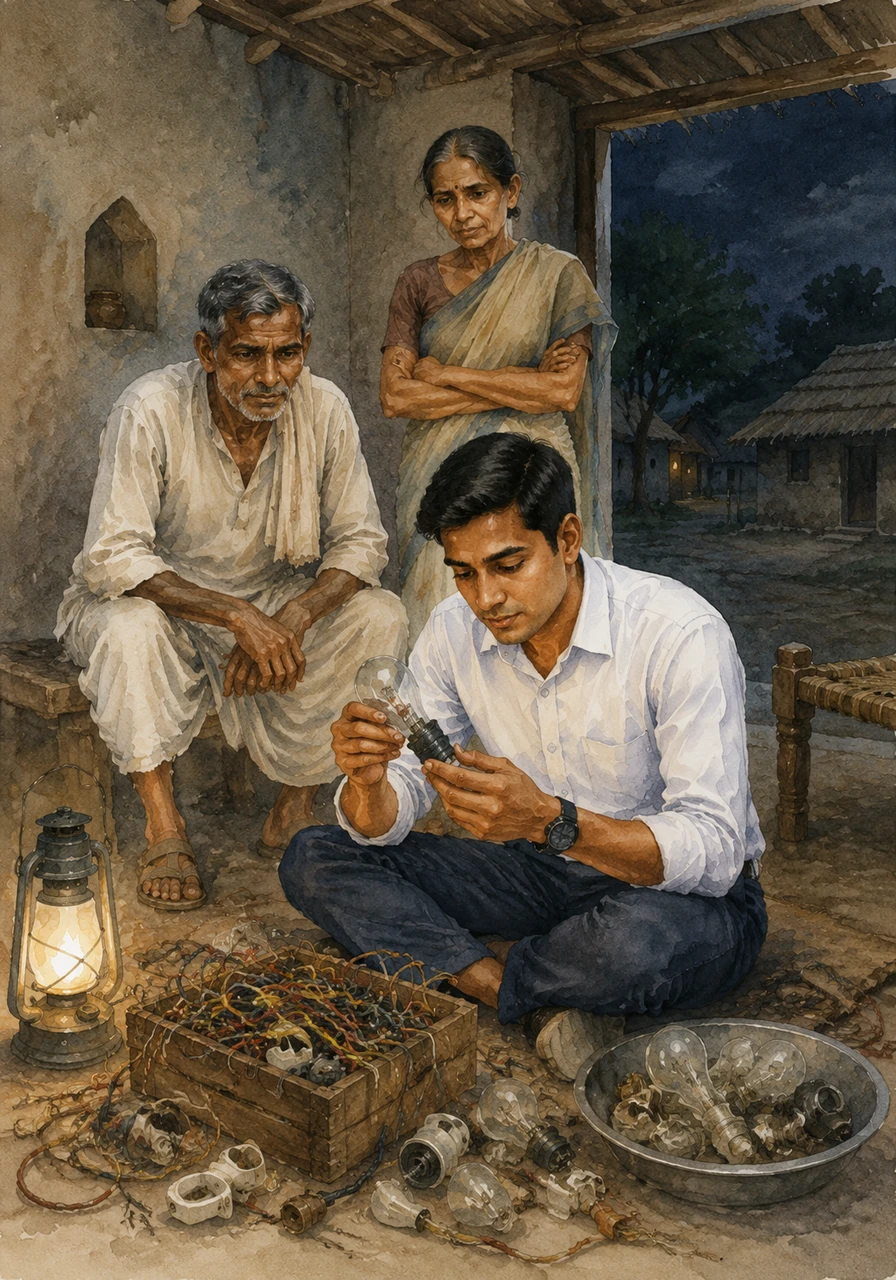 गाँव में अक्सर बिजली चली जाती थी, जिससे चारों ओर अंधेरा छा जाता था। सूरज पुराने तारों और खराब बल्बों को इकट्ठा करता और उन्हें गौर से देखकर समझने की कोशिश करता कि वे कैसे काम करते हैं।