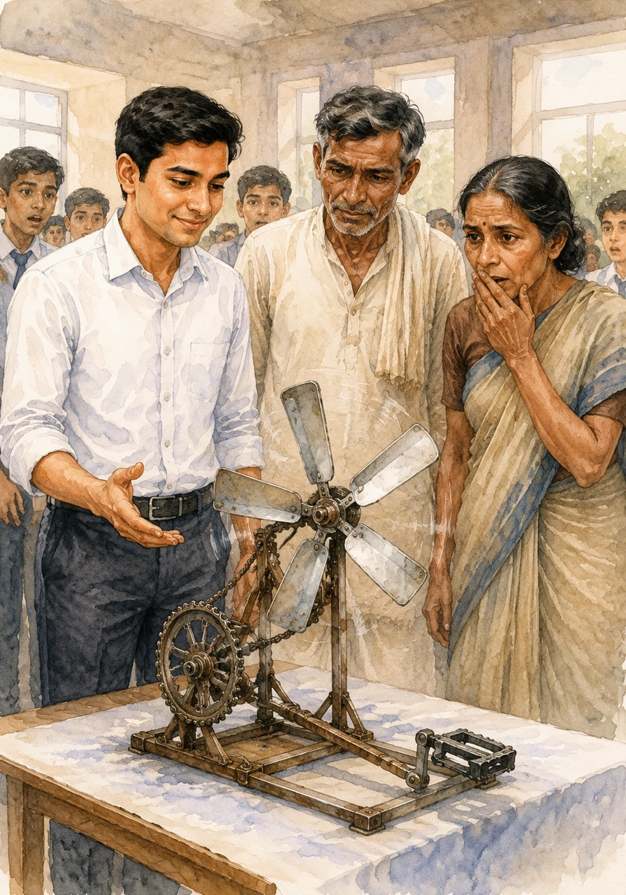 एक दिन स्कूल में विज्ञान की प्रतियोगिता हुई, जहाँ सूरज ने कबाड़ के सामान से एक ऐसा पंखा बनाया जो बिना बिजली के चल सकता था। उसकी इस अनोखी कलाकारी को देखकर हर कोई दंग रह गया।