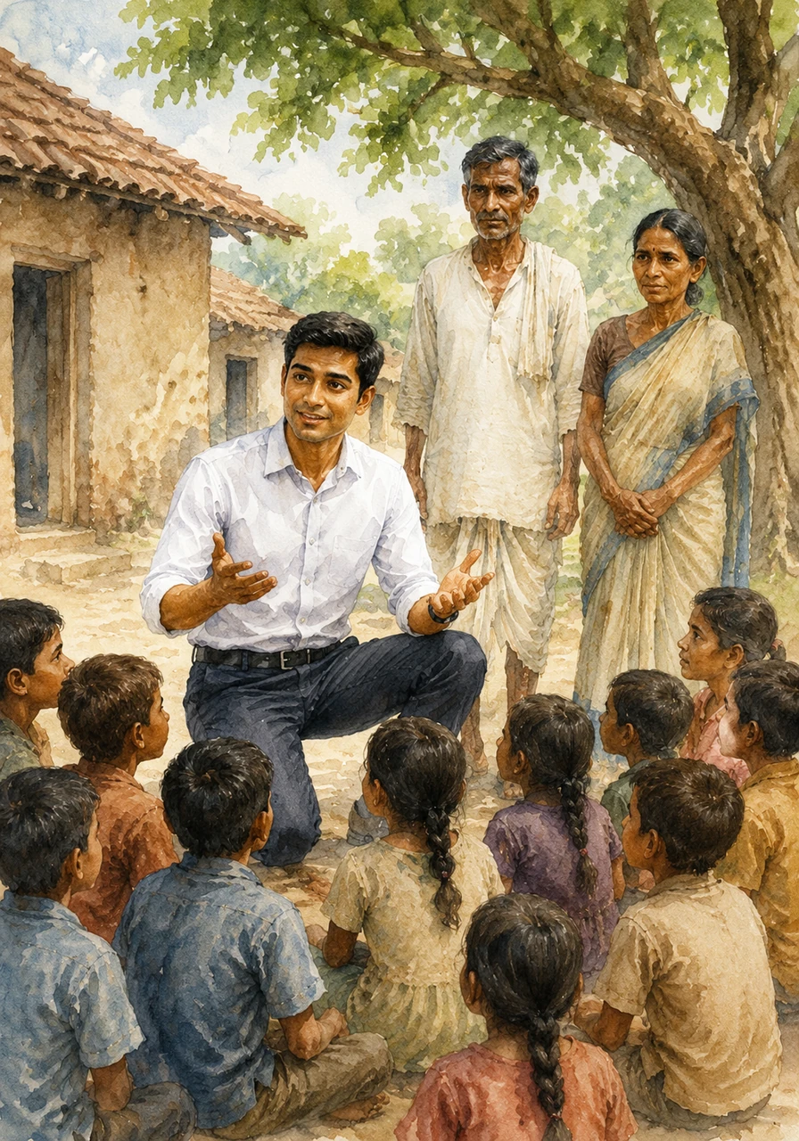 सूरज ने गाँव के बच्चों को इकट्ठा किया और उन्हें समझाया कि गरीबी कभी सपनों के आड़े नहीं आती। उसने कहा कि केवल मेहनत छोड़ देने से ही सपने टूटते हैं, इसलिए कभी हार नहीं माननी चाहिए।