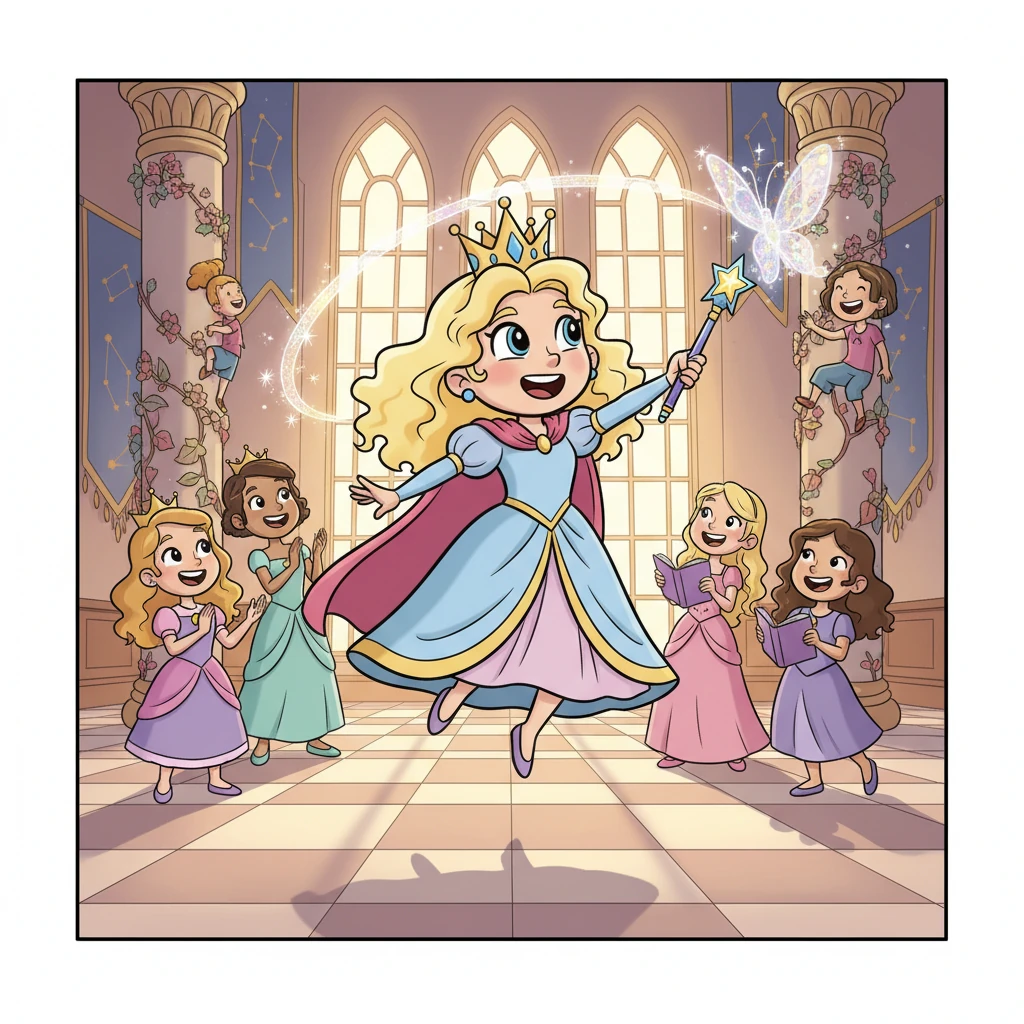 In the sun-drenched halls of Sparkle Grove Academy, lived thirty of the most brilliant and beautiful girls you ever did see. Their laughter echoed as they learned, created, and played, their minds as bright and sparkling as their kind hearts. Our main character, Elara, with her bouncy pigtails and a smile as wide as the morning sun, was always at the center of the fun, a true leader among her joyful friends.