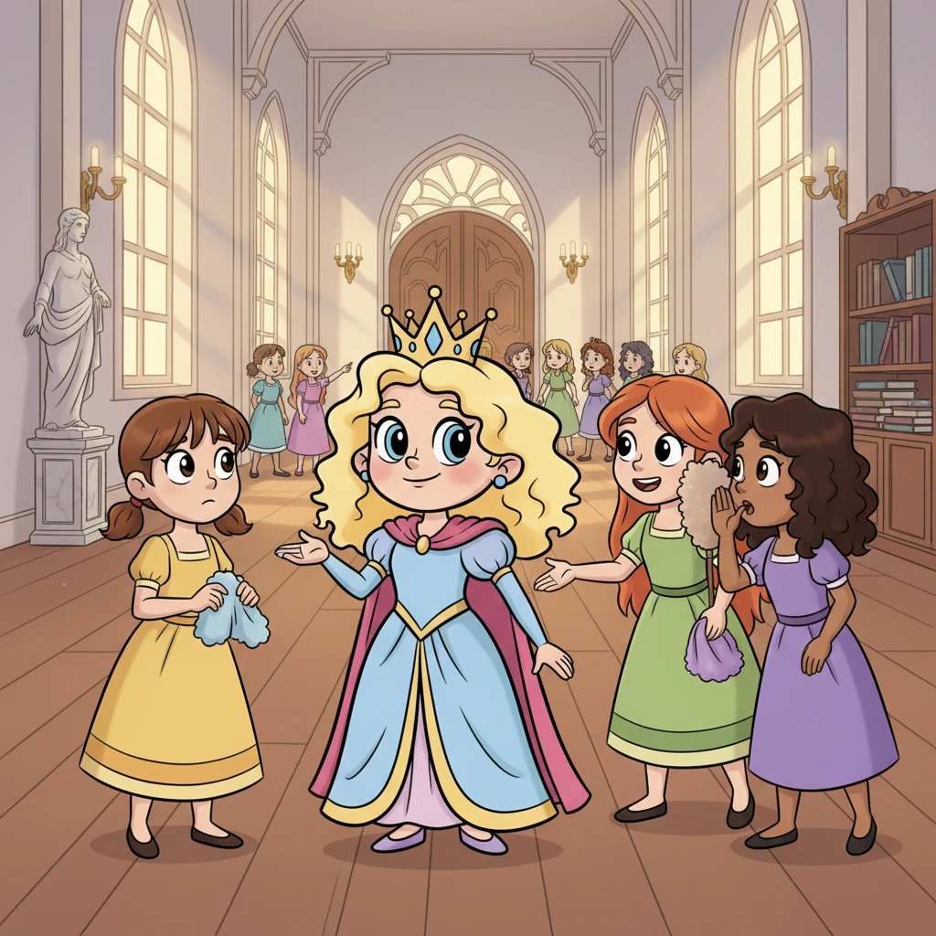 A wave of excited whispers spread through the academy when news of King Meticulous's visit arrived. The girls, though usually calm and composed, felt a flutter of nerves, knowing the King's reputation for finding even the tiniest speck of dust. Elara, with a determined glint in her eye, gathered her friends, reminding them to shine with their usual grace and brilliant creativity.