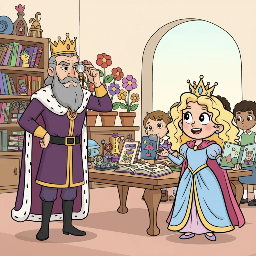 The King arrived, his regal robes crisp and his expression stern, his eyes scanning every corner for imperfections. He peered at their colorful art projects, their meticulously organized bookshelves, and even the perfectly arranged flowerpots. Elara, stepping forward with confidence, proudly showcased their innovative inventions and beautifully illustrated stories, all presented with impeccable care.