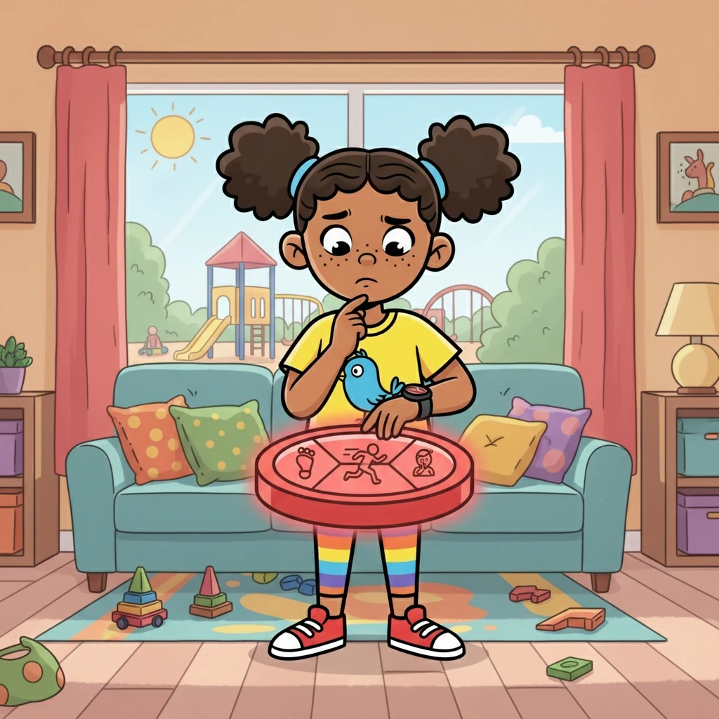 Now, Penny has to choose what to do to calm down. The button shows her choices. She could stomp her feet (Yell), run away (Run), or take a deep breath and think (Pause). What will she pick?