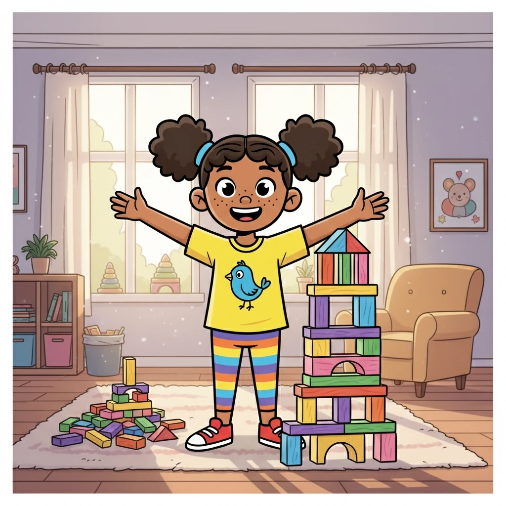 Penny chose to take a breath and think. The world gradually sped up again, and she remembered she could rebuild the tower! Penny felt proud and happy. She learned that pressing the pause button gave her time to think and choose a better reaction.