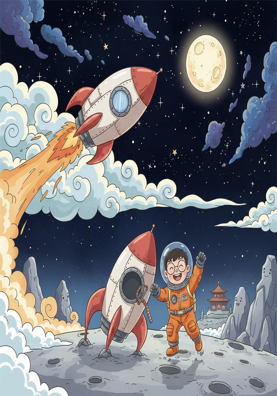 小明乘坐着他亲手制作的火箭，冲破云层，飞向了神秘的月球。火箭在太空中穿梭，周围是闪烁的星星和黑色的宇宙。最终，火箭稳稳地降落在了月球表面，小明兴奋地跳出了火箭，开始了他在月球的探险。