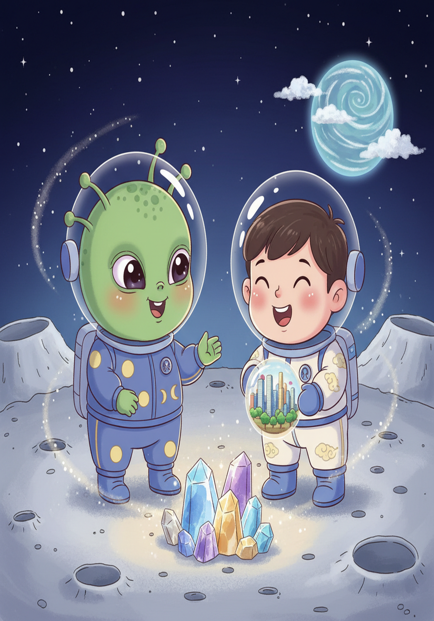 小明在月球上遇到了一位友好的外星人，他们一起探索月球的奥秘。他们发现了闪闪发光的月球矿石，并在月球表面玩耍。外星人向小明讲述了月球上的故事，小明也分享了地球上的见闻，友谊在月球上慢慢滋生。