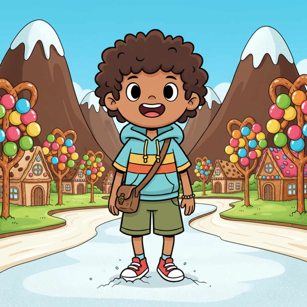 Nico, un niño de cabello oscuro y despeinado, sonríe mientras camina por un camino de azúcar glass que cruje suavemente. A su alrededor, las montañas de chocolate se elevan majestuosamente, los ríos de leche tibia fluyen con suavidad y árboles de goma de colores brillantes adornan el paisaje. Las casas de galleta crujiente se ven acogedoras bajo un cielo azul brillante.