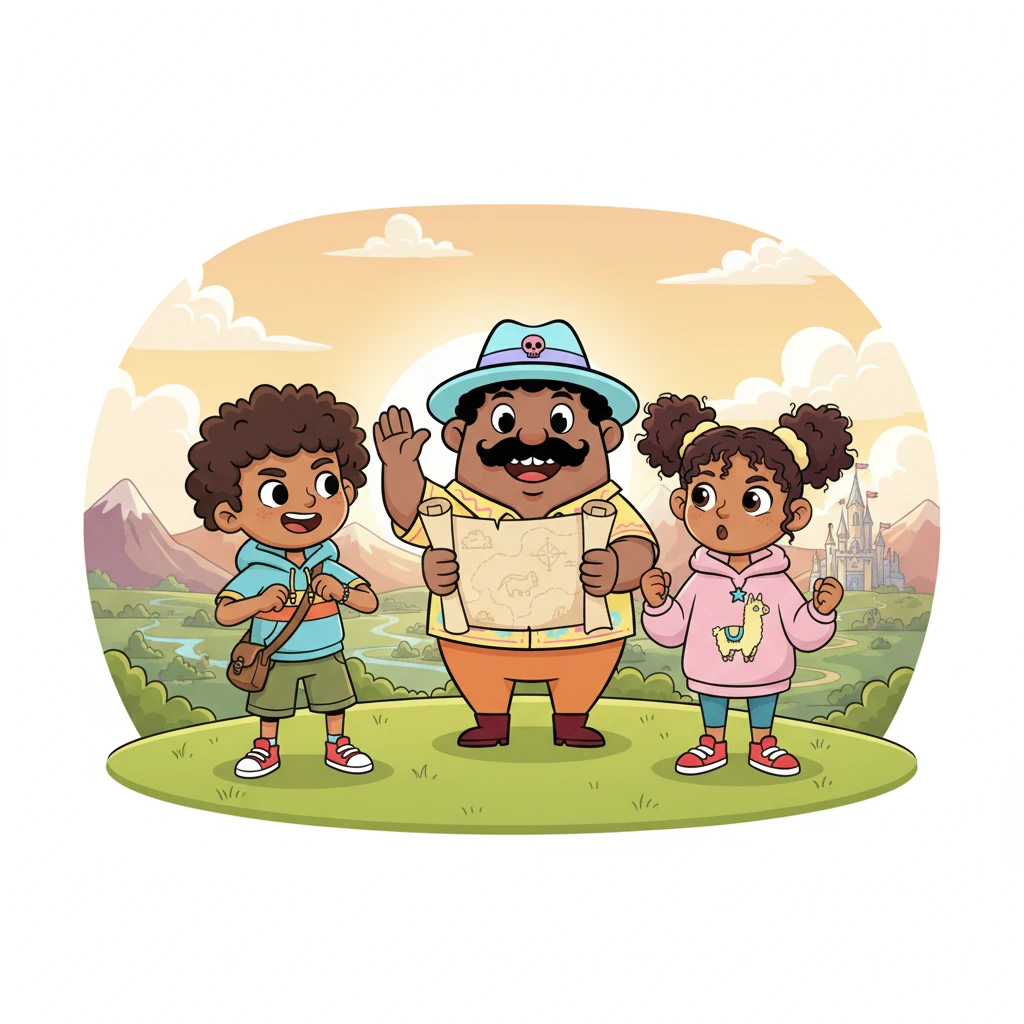 Nico, Lila y Don Bombón se preparan para la aventura. Nico ajusta su mochila, Lila asiente con determinación y Don Bombón les entrega el mapa antiguo, bendiciendo su viaje. El anciano les da algunas palabras de aliento y sabiduría, mientras los niños miran hacia el horizonte con valentía.