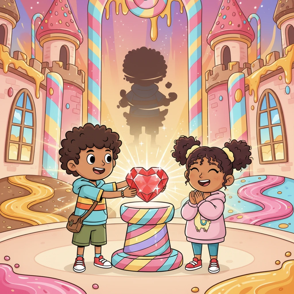 El Corazón de Caramelo, una gema brillante y pulsante, es devuelto a su pedestal en el centro del castillo. Inmediatamente, el Mundo de Caramelo recupera sus colores vibrantes, los ríos fluyen dulces de nuevo y el aire se llena de risas. La Reina Melaza, al ver el poder de la bondad, se marcha en silencio, su figura desvaneciéndose en la distancia.