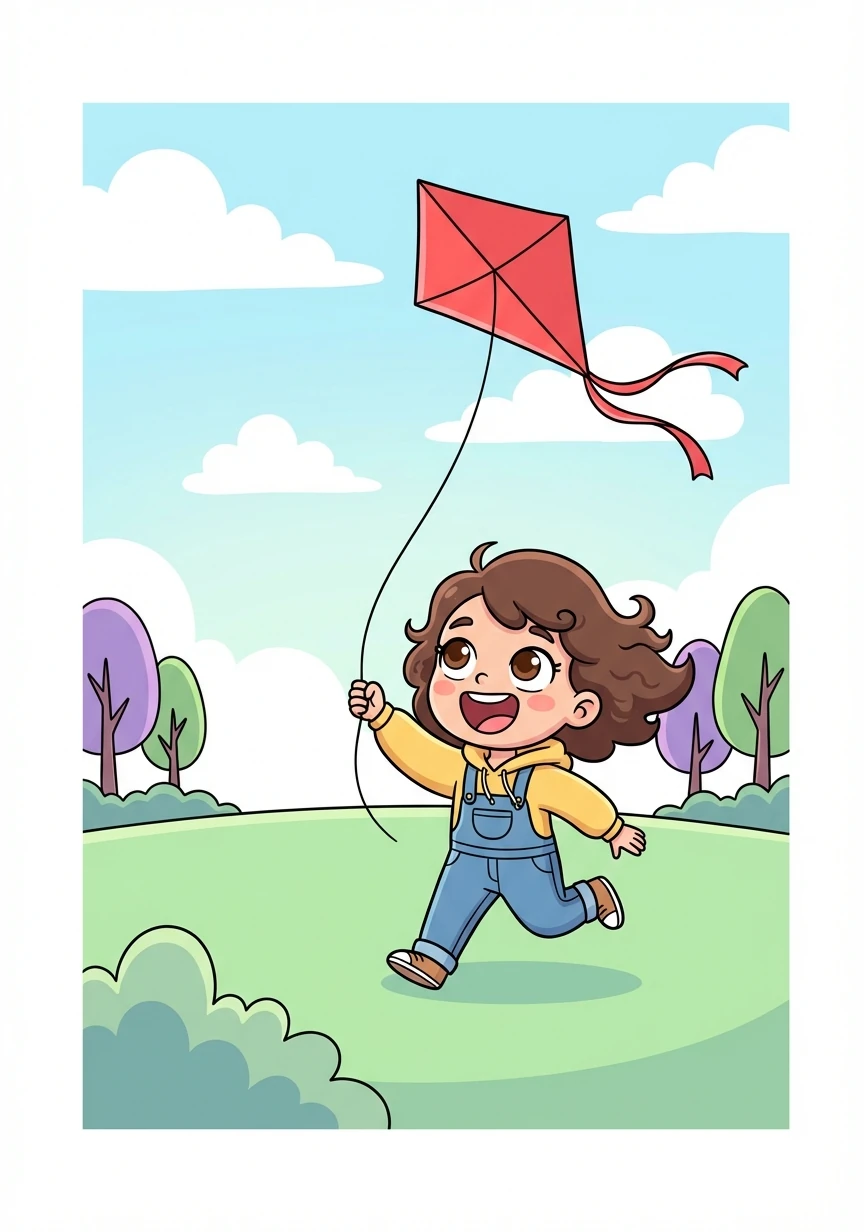 Every Saturday, Maya loved flying her bright red kite in the park. She would run and laugh as the kite danced in the sky above her.