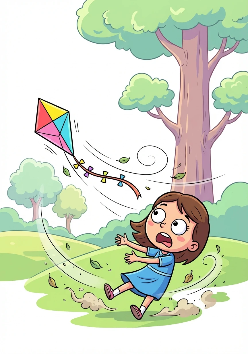 Suddenly, a powerful gust of wind snatched the kite and pulled it towards a very tall tree at the edge of the park.