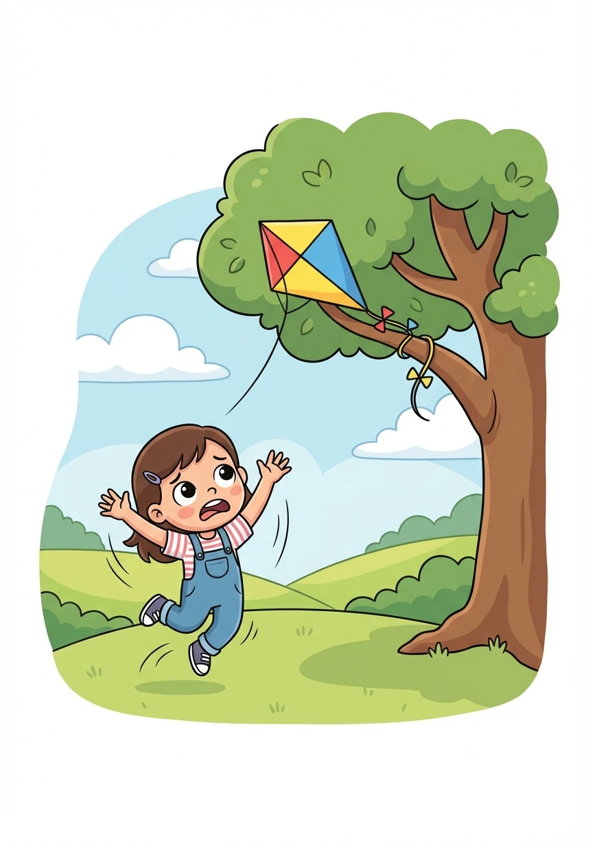Oh no! The kite became tangled in the tree's branches, far out of Maya's reach. She jumped and stretched, but it was too high.