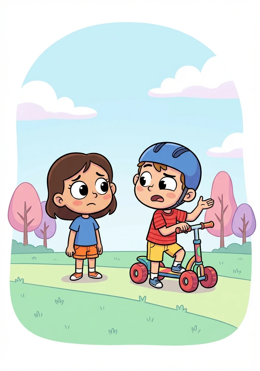 Just then, Maya's friend Leo arrived, riding his scooter. He saw Maya's worried face and asked what was wrong.