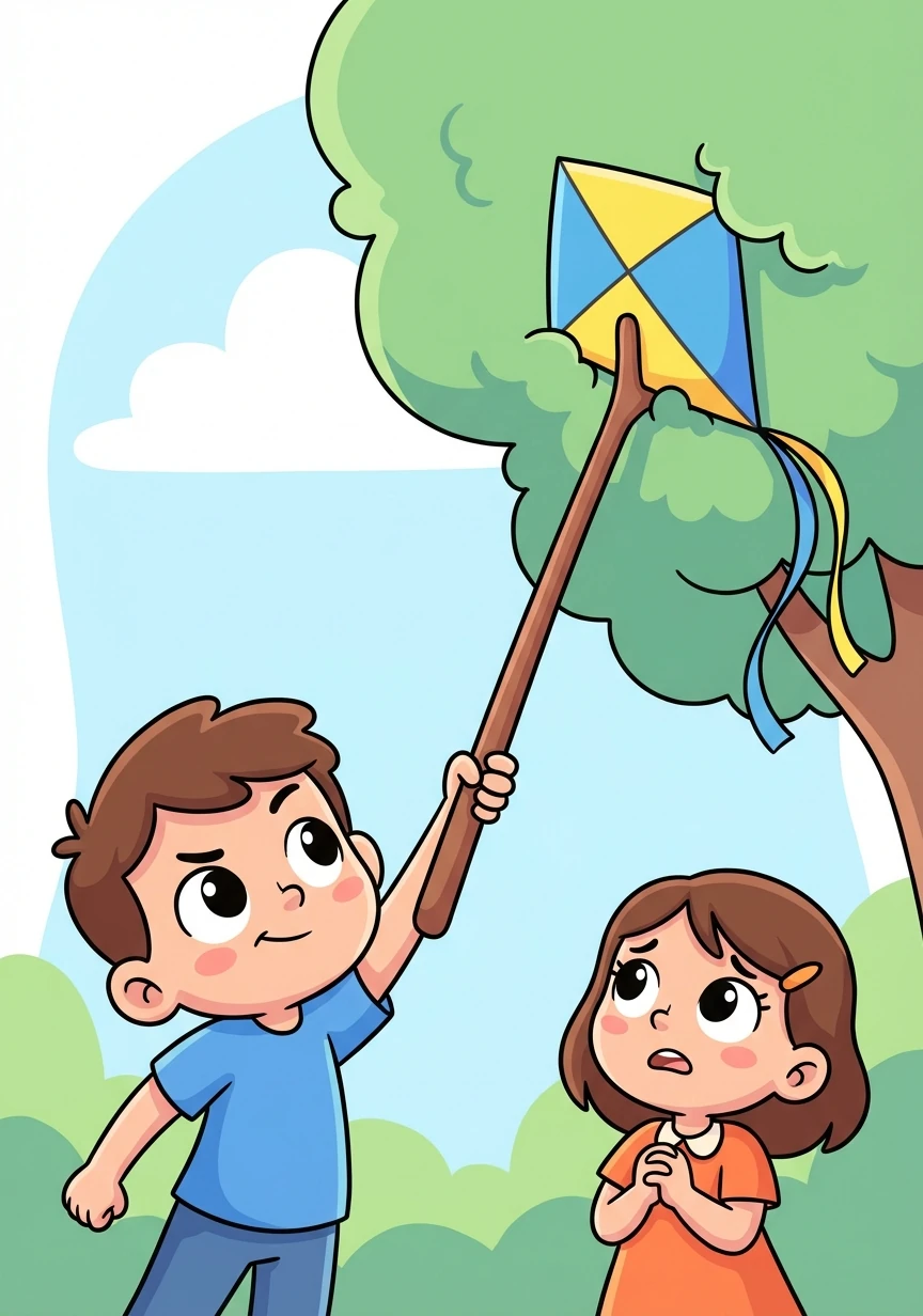 Leo spotted a long, sturdy stick nearby. Carefully, he used the stick to try and nudge the kite free from the branches.