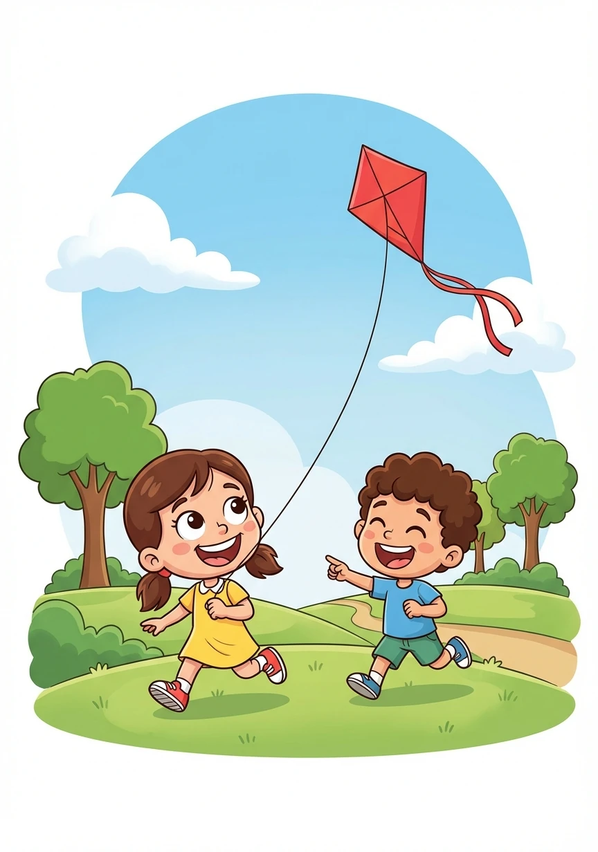 With her kite free, Maya ran back into the park. The red kite danced in the sky once more, and Maya smiled, happy to be flying again, especially with her good friend Leo.