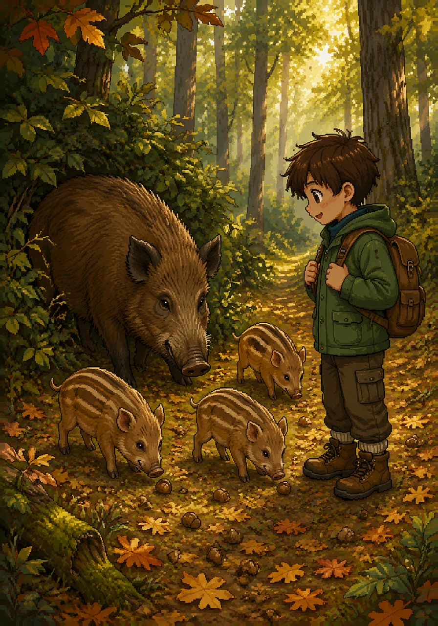 Suddenly, a family of wild boars emerged from the thicket, their snouts wiggling as they searched for acorns among the fallen leaves. Leo watched in awe as the mother boar guided her tiny, striped piglets across the sunlit clearing.