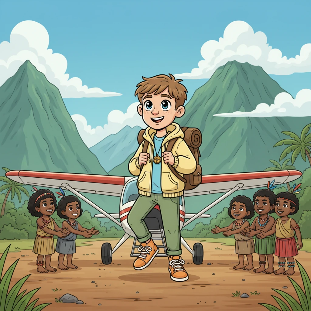 John, a bright-eyed young teacher, steps off a small plane onto a dusty airstrip deep in the Papua wilderness. Towering, lush green mountains loom majestically in the background, their peaks often shrouded in soft clouds. He carries a worn backpack and a hopeful smile, ready to embrace his new adventure. A few curious, friendly villagers with warm smiles greet him, their traditional attire adding to the vibrant scene.