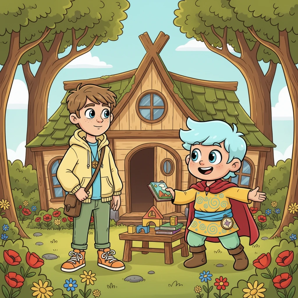 John arrives at the rustic, charming schoolhouse, nestled amidst towering trees and colorful wildflowers. There, he meets Leon, another young teacher with an infectious grin and boundless energy, already organizing supplies. Leon's bright, patterned shirt and playful demeanor immediately stand out against John's more reserved, focused presence. Their eyes meet, a spark of curiosity igniting between them.