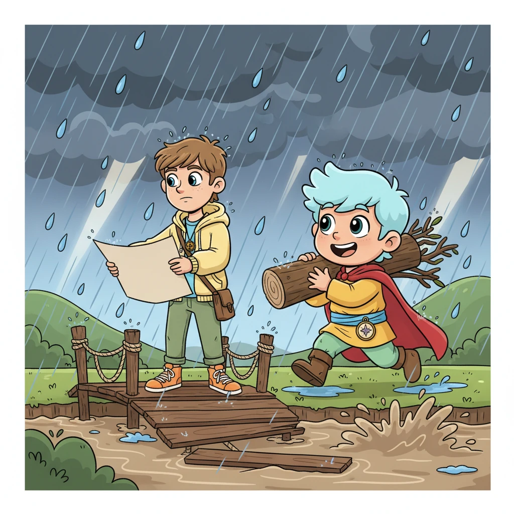 One afternoon, a sudden, heavy rainstorm causes a small bridge to wash out, cutting off a path to a neighboring village. John, with his sharp intellect, quickly devises a plan for a temporary repair. Leon, strong and resourceful, enthusiastically helps gather materials, his quick actions and protective presence making John feel surprisingly safe and supported. They work side-by-side, their determination a beacon against the wild weather.